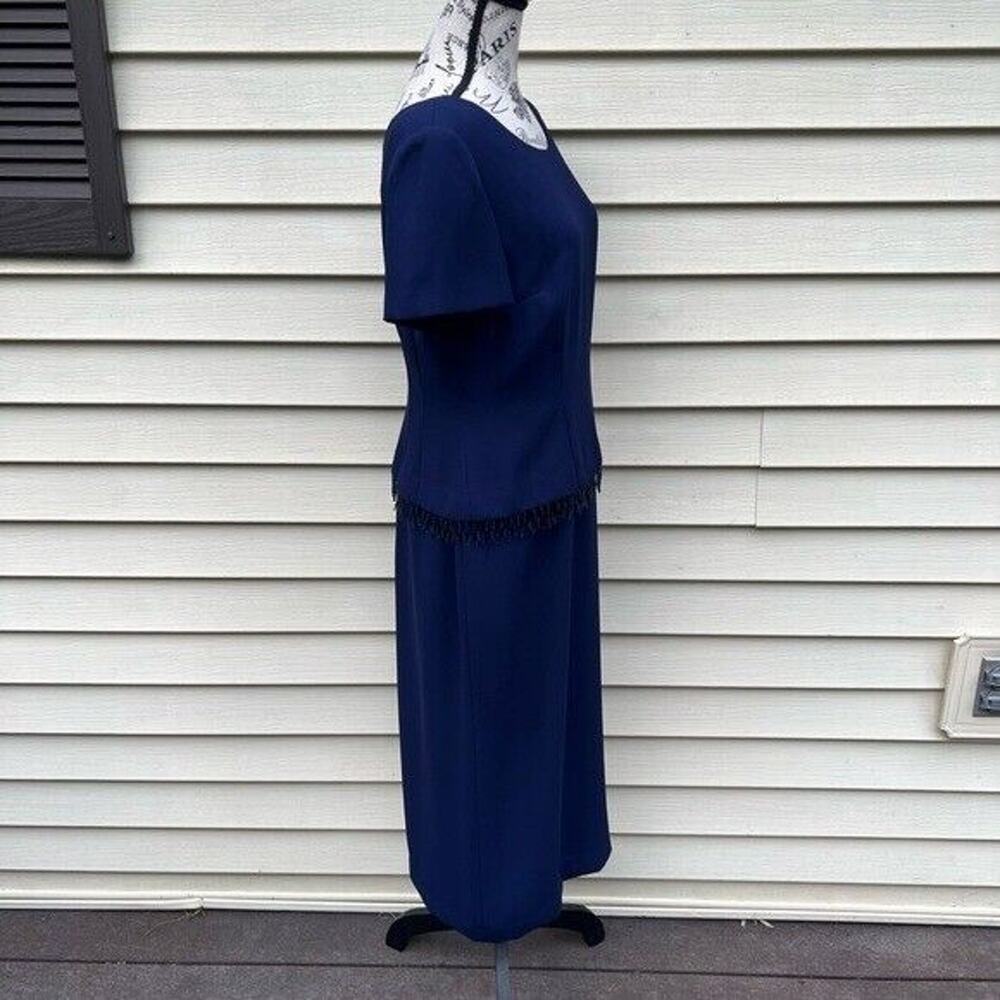 Navy blue vintage donna Morgan short sleeve round neck midi dress w/ beaded - Picture 7 of 9